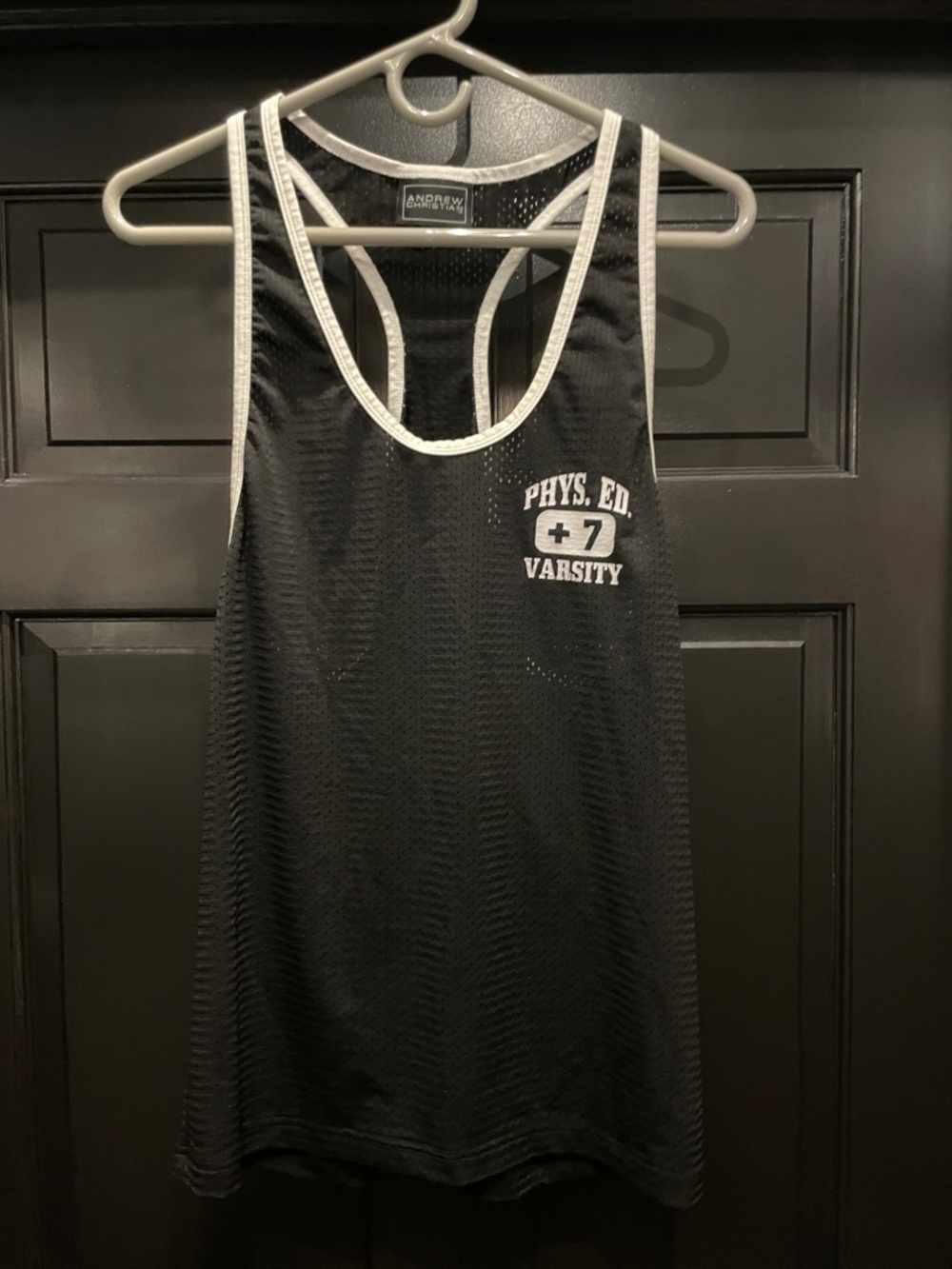 Andrew Christian Black Mesh Varsity Tank with White Trim